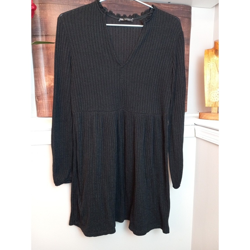 Zara Textured Black Ribbed‎ Long Sleeve Dress Size M